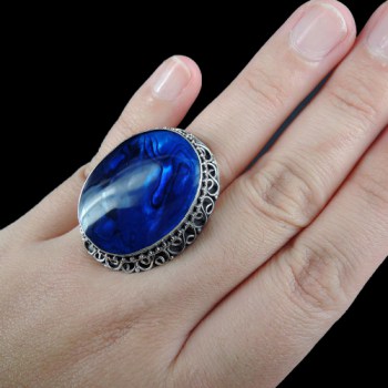 Zilveren ring blauw Abalone schelp in bewerkte setting